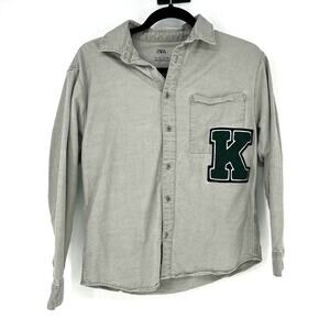 Zara Kids Light Green Overshirt Button Down Varsity Letter Size 12